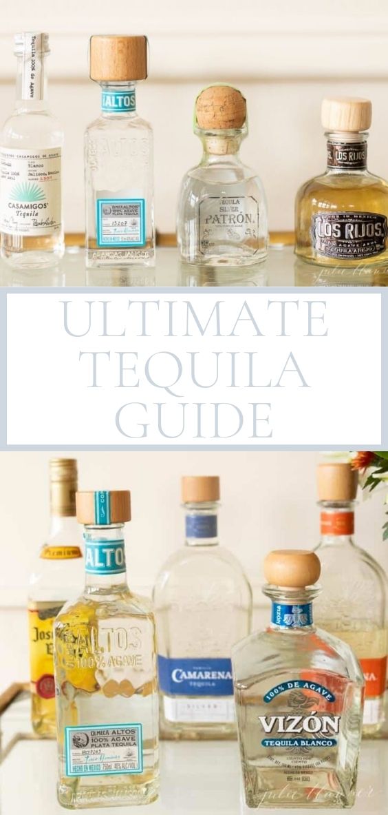 On a mirrored surface there are several bottles of different types of tequila.
