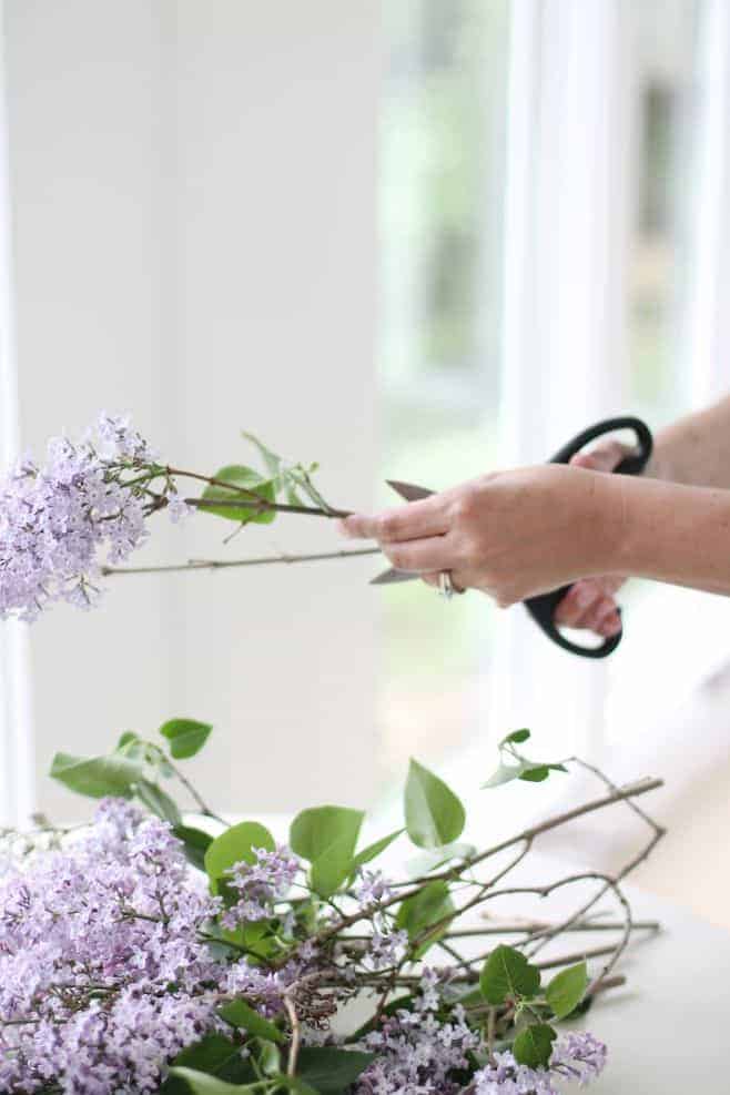 Hands holding scissors making a lilac bouquet