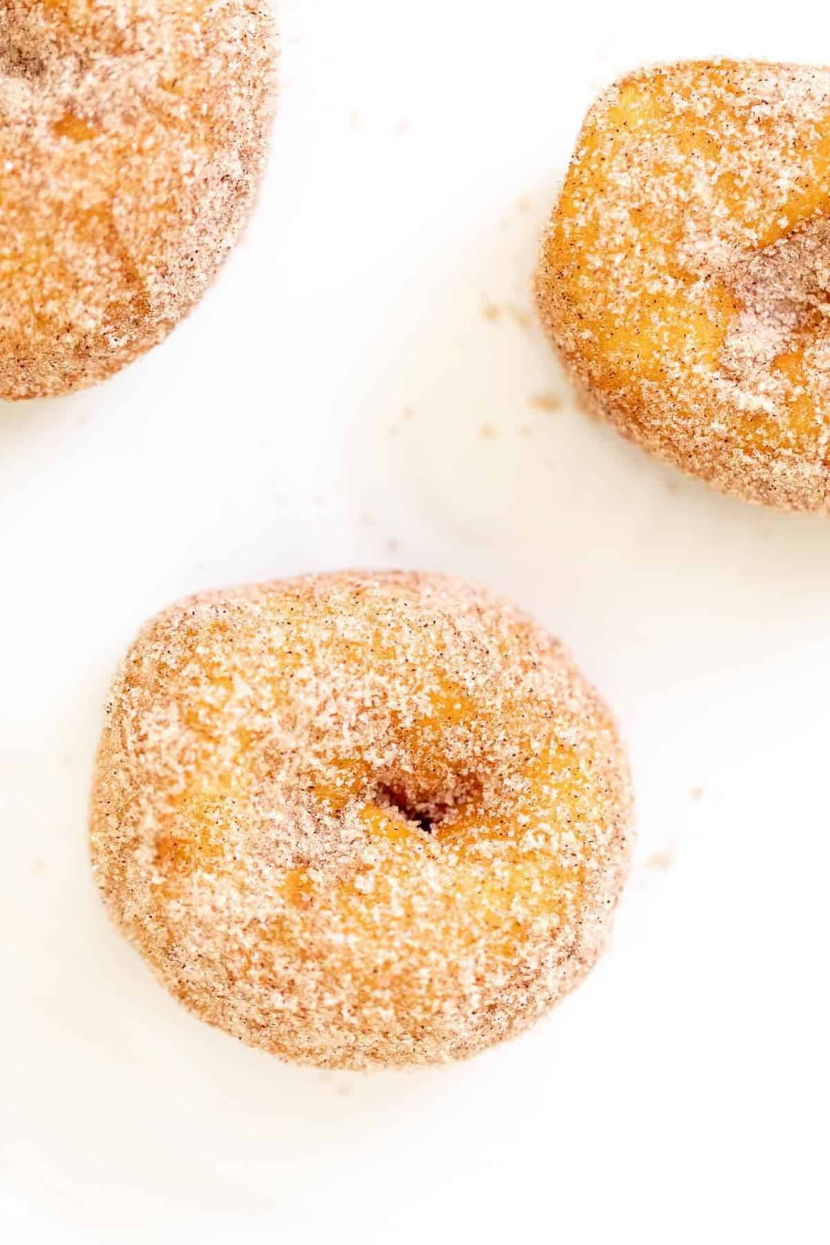 A white plate with three biscuit donuts covered in cinnamon sugar.