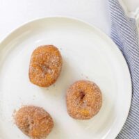 A white plate with three biscuit donuts covered in cinnamon sugar.