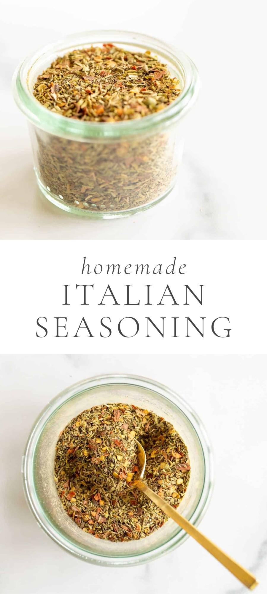 Italian seasoning in small glass container with gold spoon