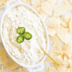 An oval serving dish full of jalapeno dip, surrounded by tortilla chips.