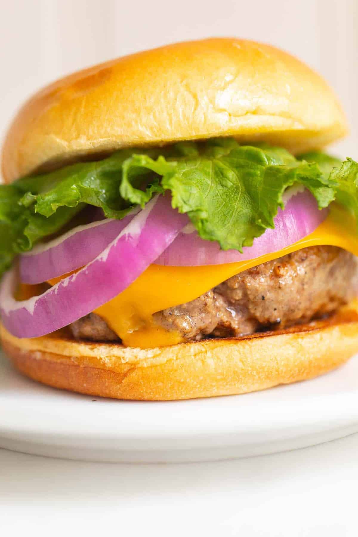 White plate with a cast iron burger stacked with lettuce, red onions and cheese.