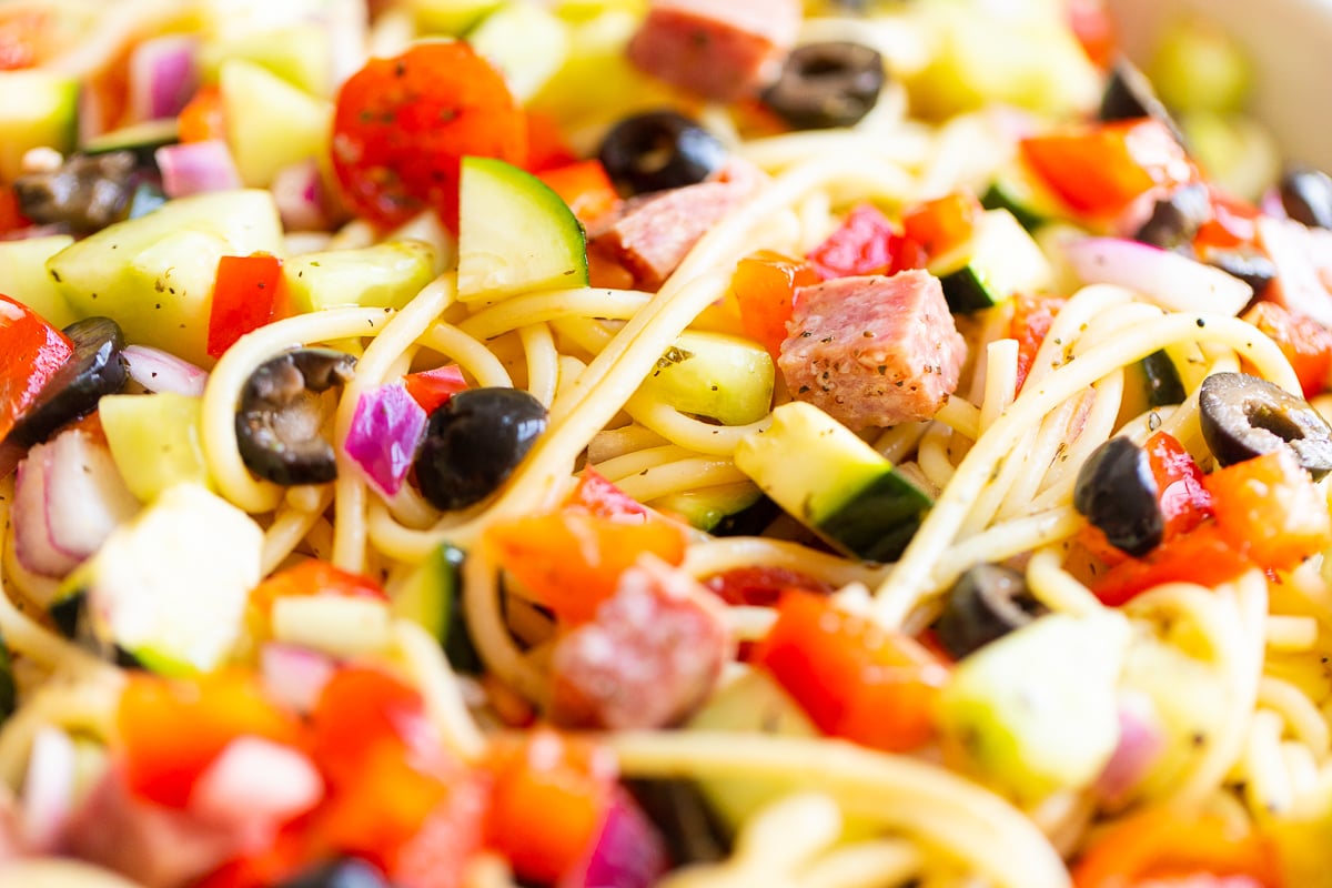 A close up of spaghetti salad.