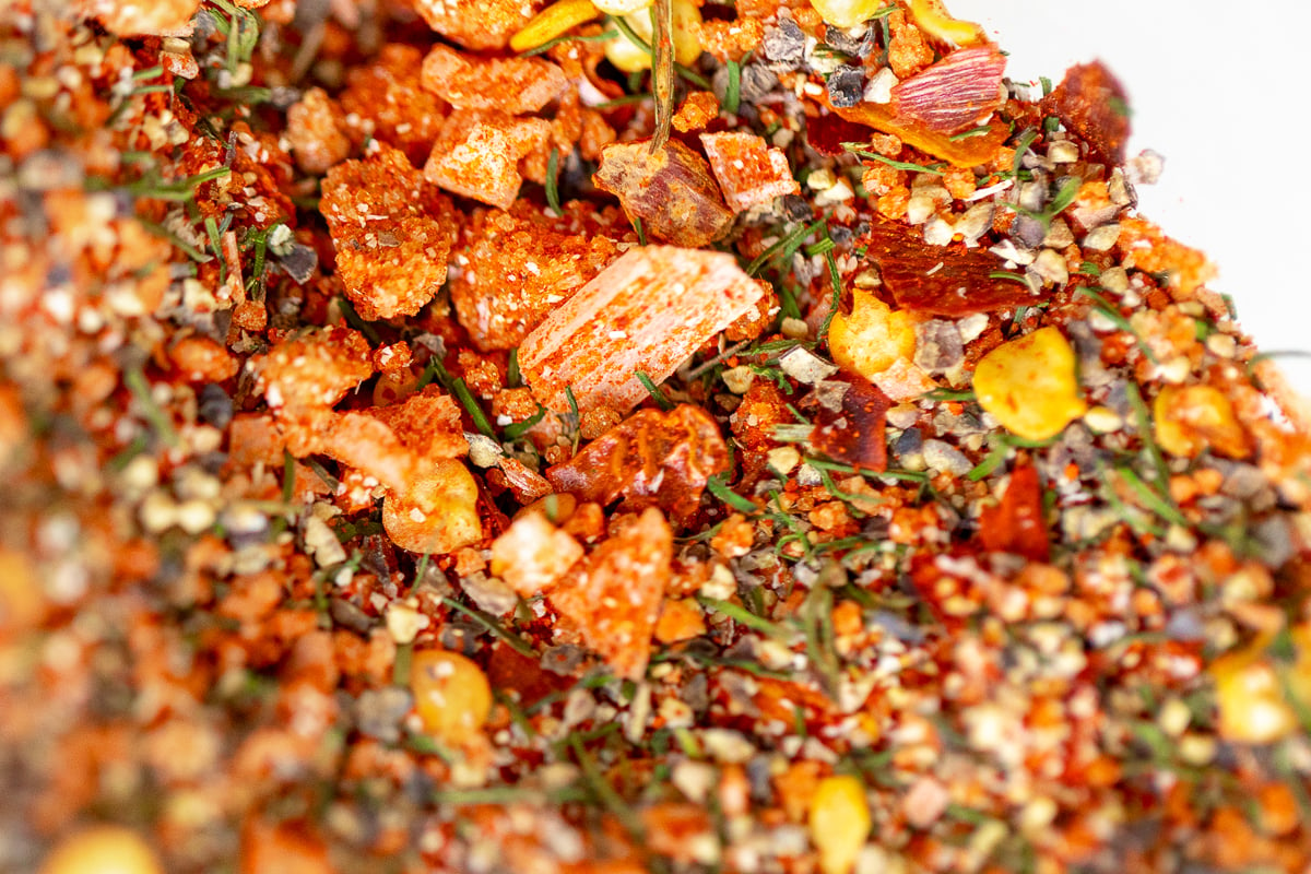 A close up of a pile of food, featuring the best steak seasoning.