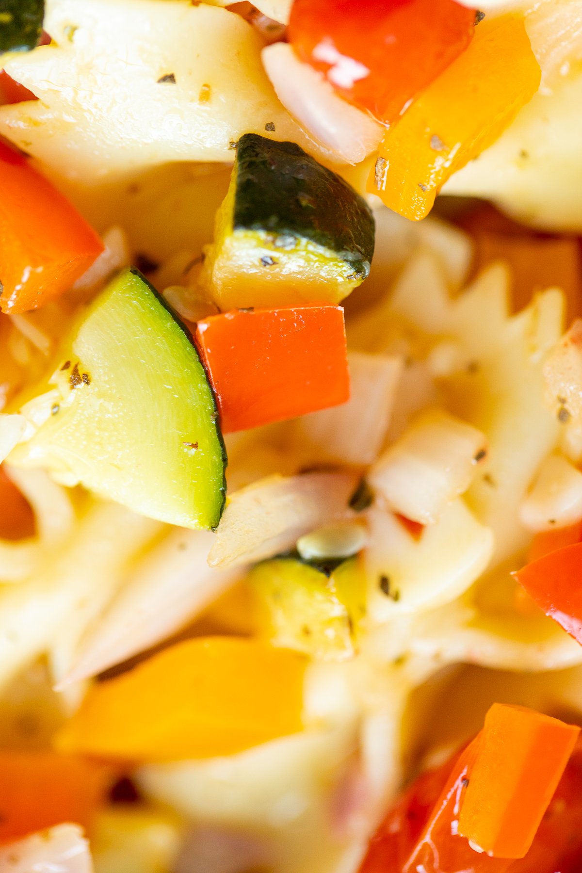 Close up image of a veggie pasta salad recipe.