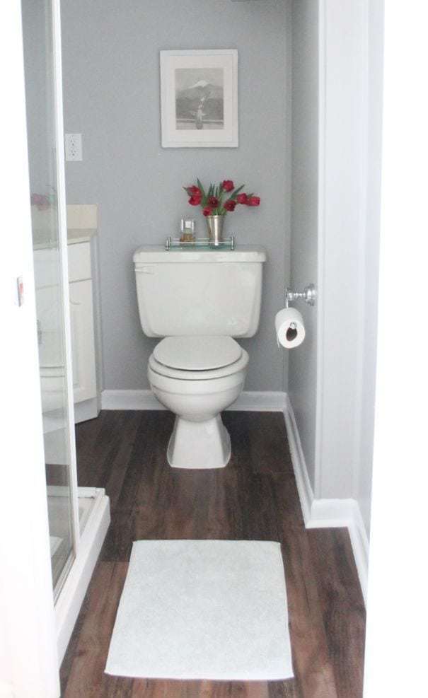 A bathroom with gray walls and faux wood floors.