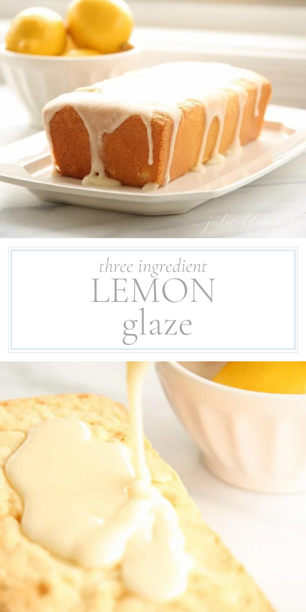 Top photo is a pound cake with a white glaze sitting on top of a white platter with two lemons in a white bowl in the background. The lower photo is a white bowl of lemon glaze being dripped onto a loaf of bread.