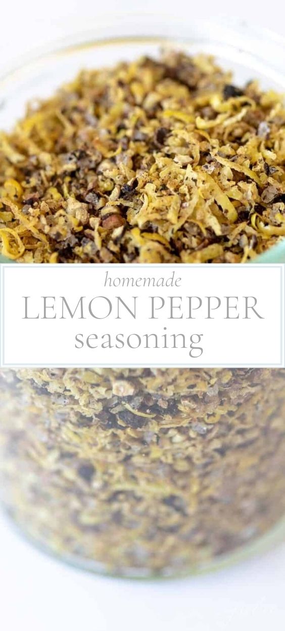 Close up of clear glass jar of lemon pepper seasoning.
