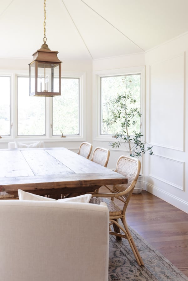 A bright dining room with low maintenance indoor plants, featuring a wooden table, wicker chairs, and a classic pendant light.