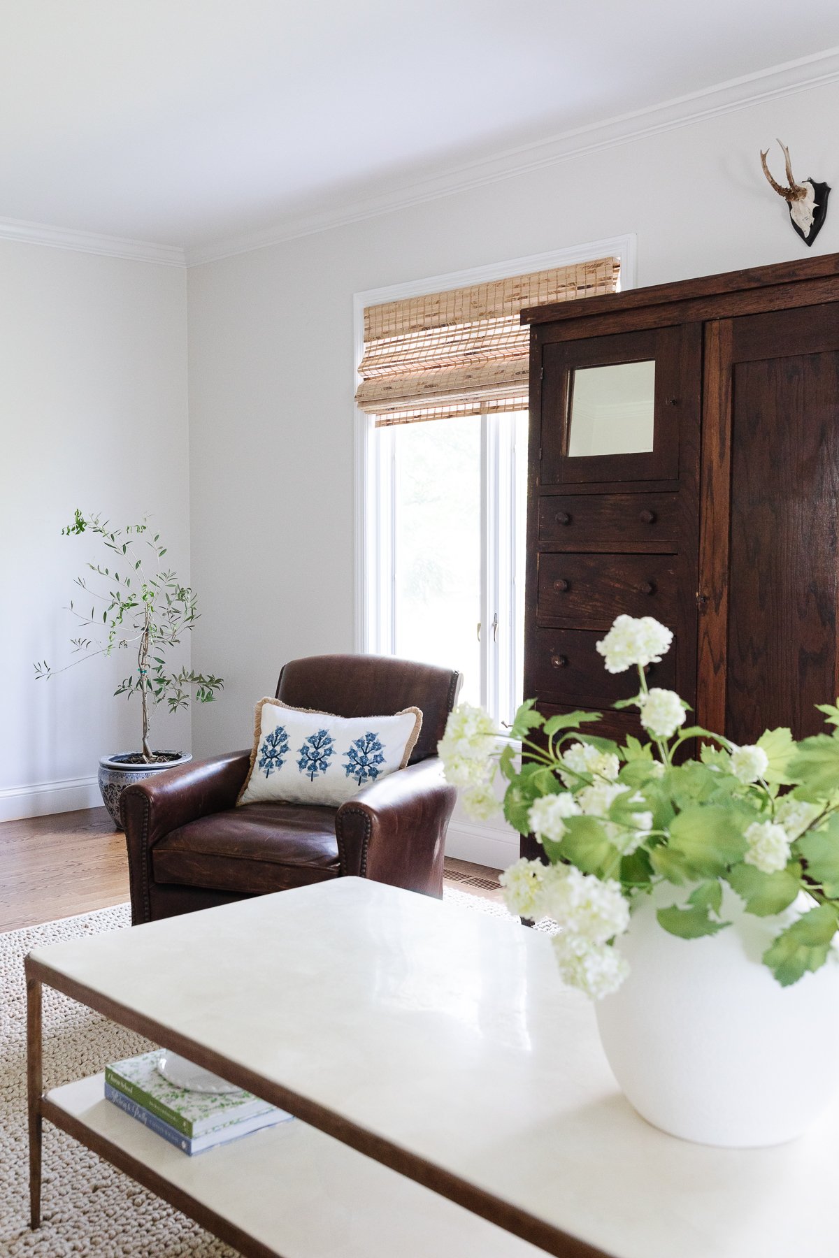 A well-lit living room with an upright piano, leather armchair, and a coffee table adorned with a vase of cut flowers. An easy care houseplant is in the corner.