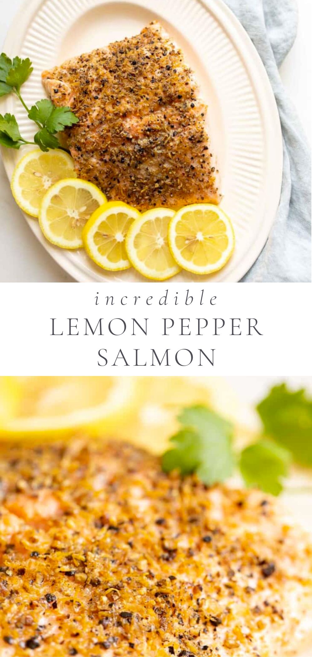 salmon with lemon and herbs in plate and blue napkin