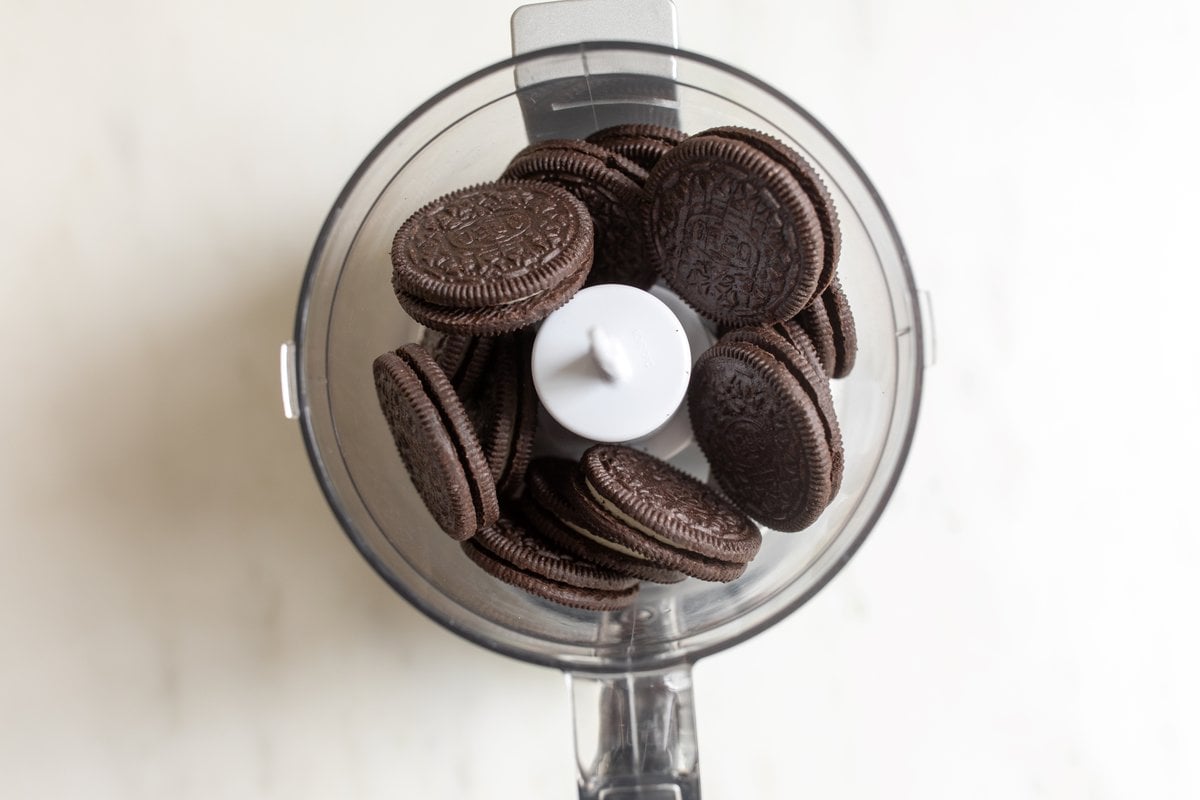 Oreo cookies inside a food processor.