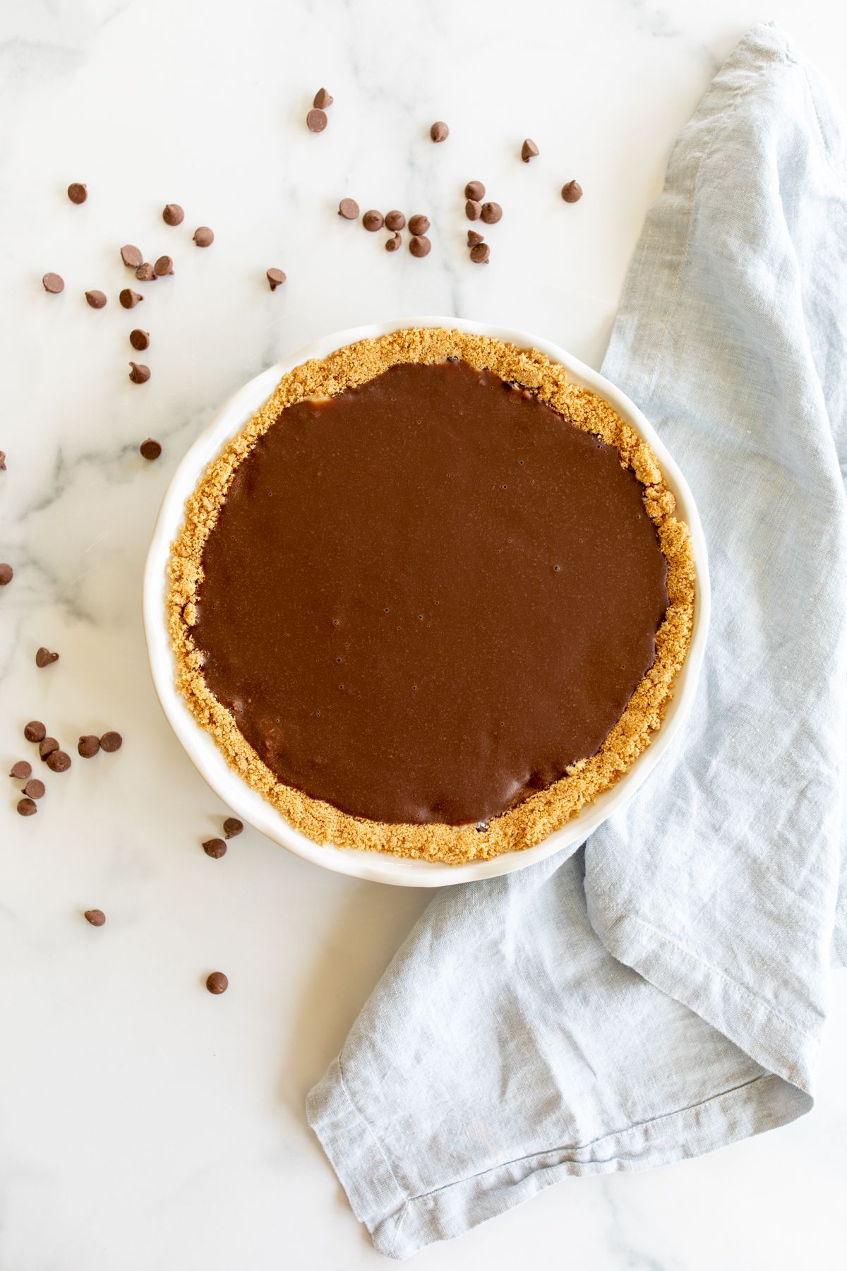 A no bake cookie dough pie with a graham cracker crust.