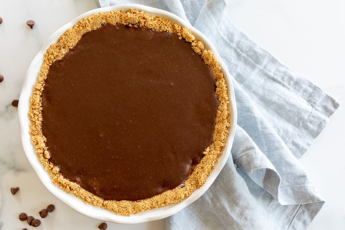 A no bake cookie dough pie with a graham cracker crust.