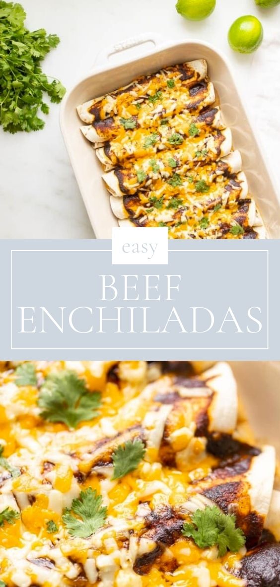 A white baking dish filled with ground beef enchiladas, limes to the side.