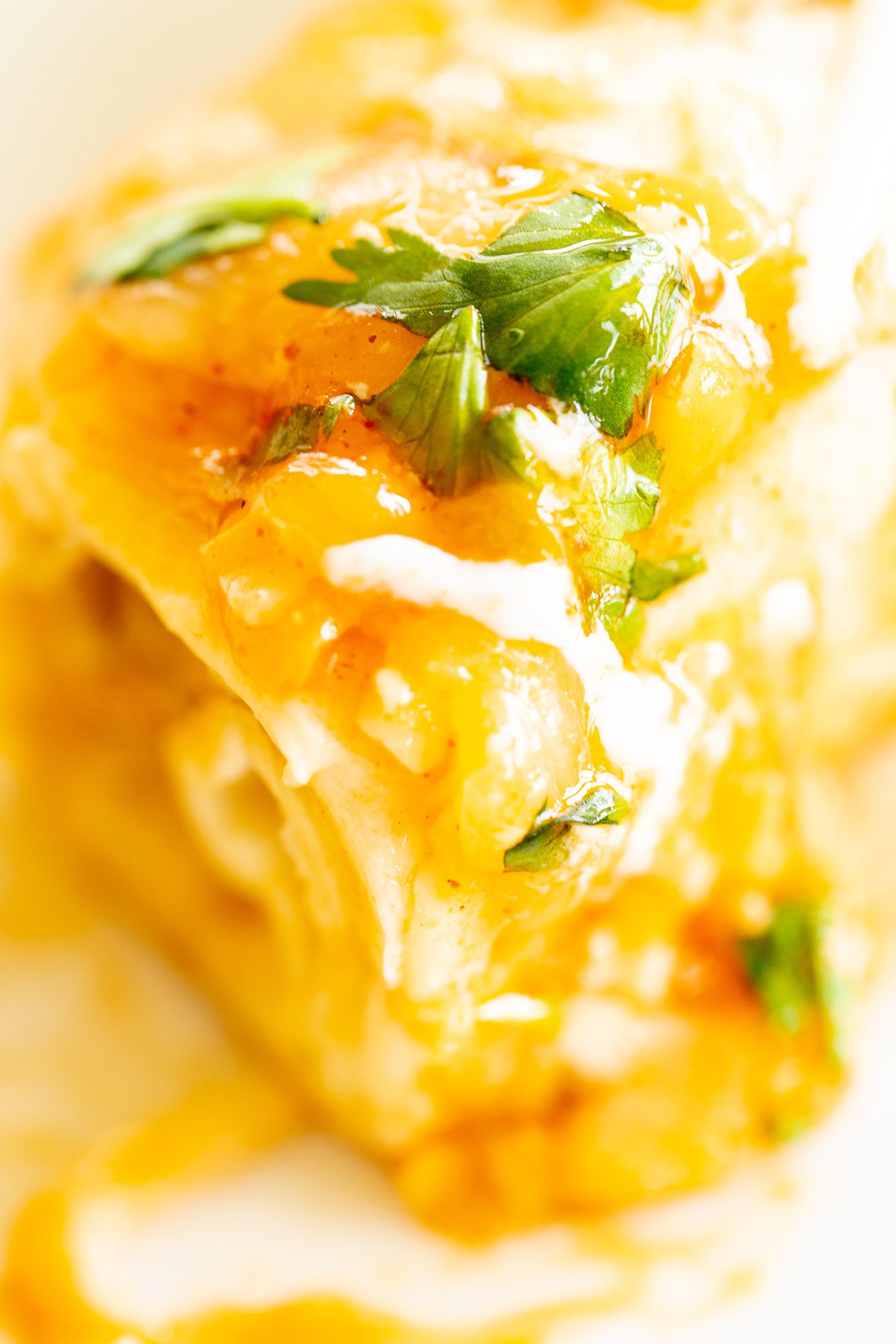 A close up shot of a cut open enchilada in a chicken enchilada recipe.