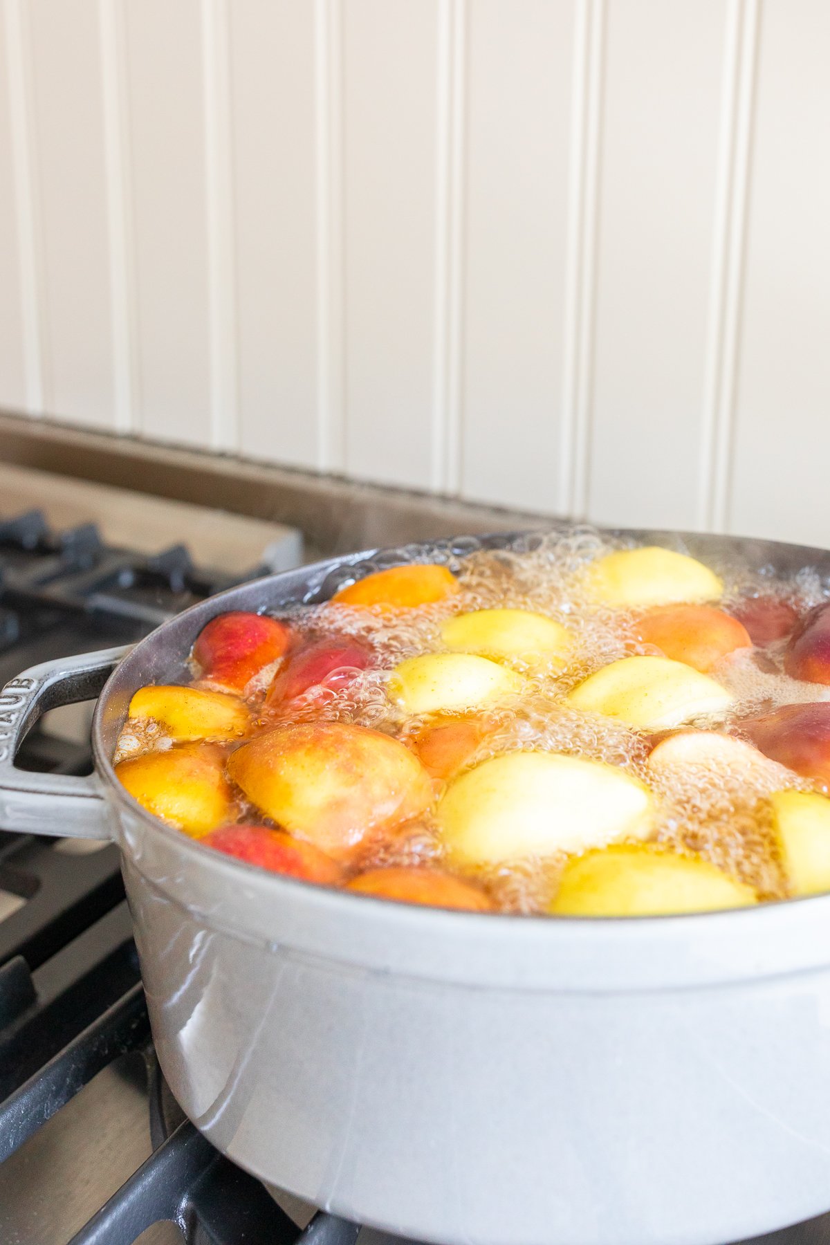 a cast iron Dutch oven filled with homemade apple cider.