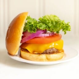 A white plate with a juicy burger stacked with tomatoes, lettuc, onions and cheese, top of bun leaning against the stack.