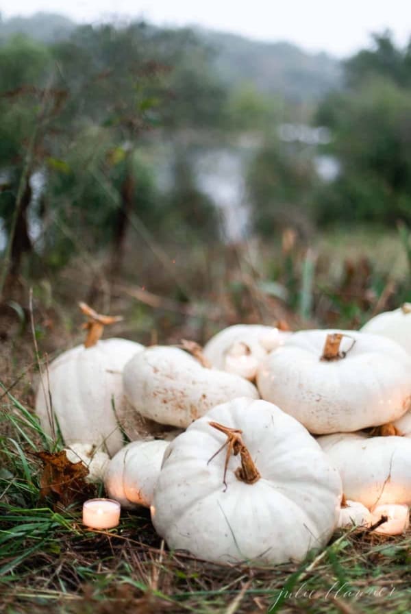 pile of white pumpkins with candlelight