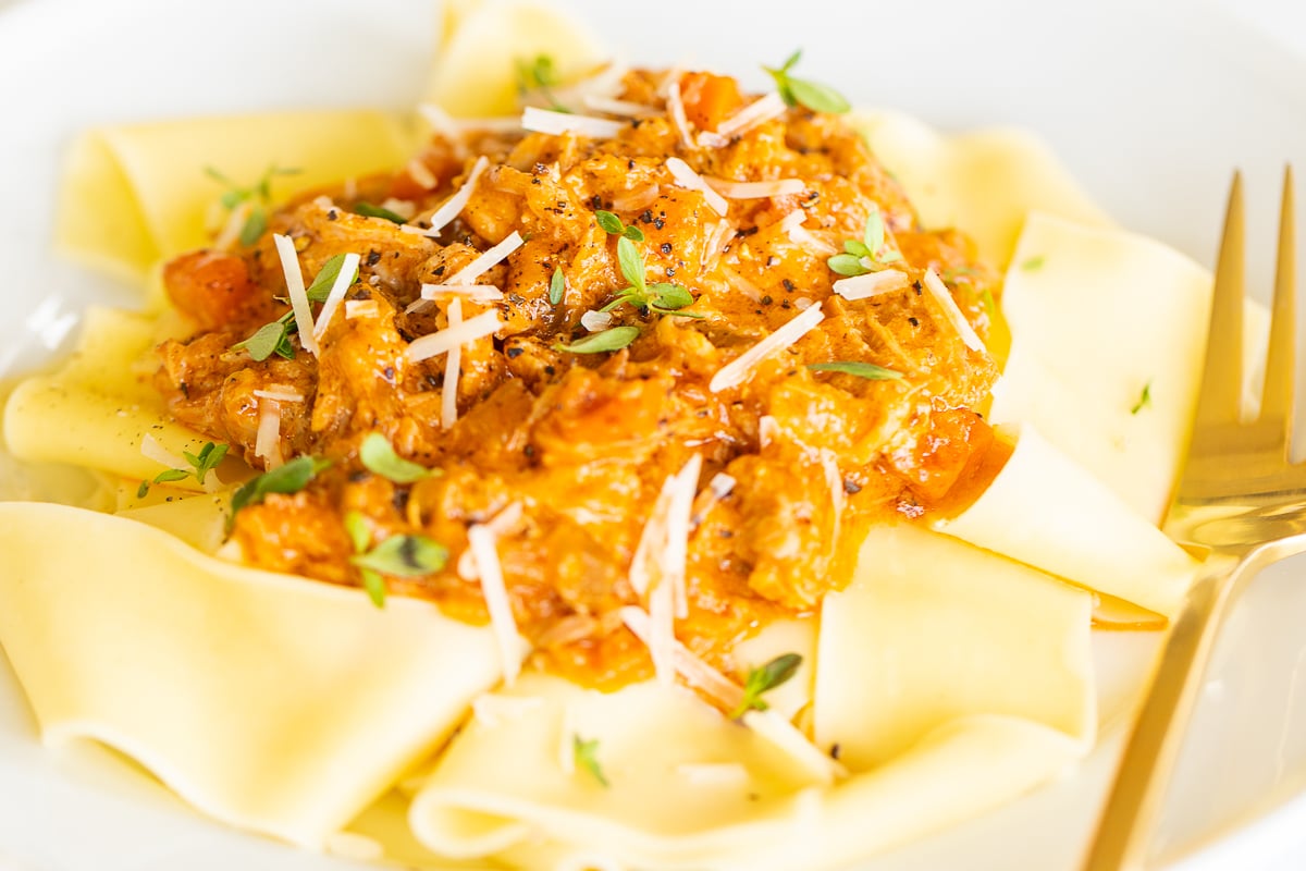 A white plate with a serving of braised pork ragu with pappardelle