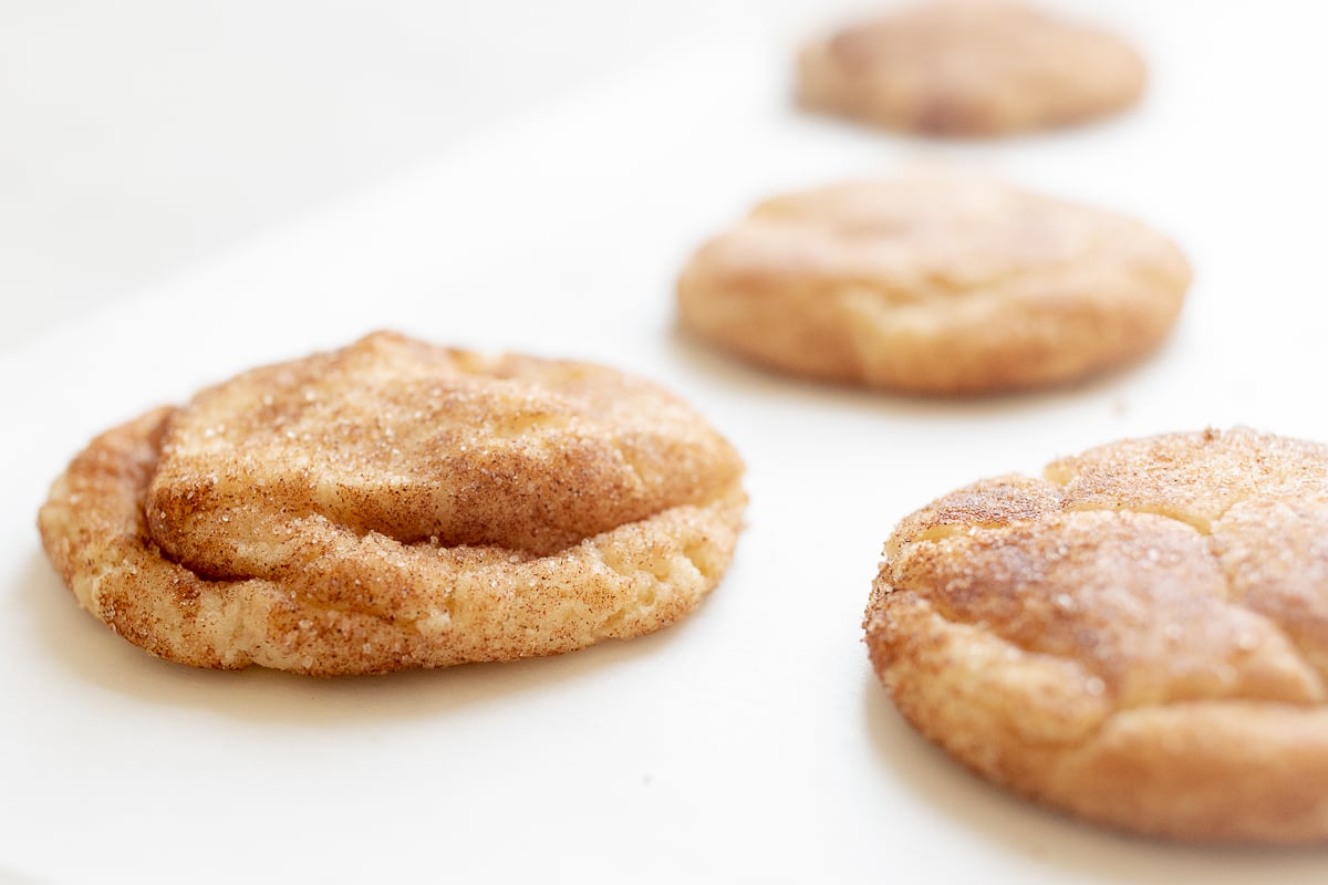 Snickerdoodles without cream of tartar on a white surface.