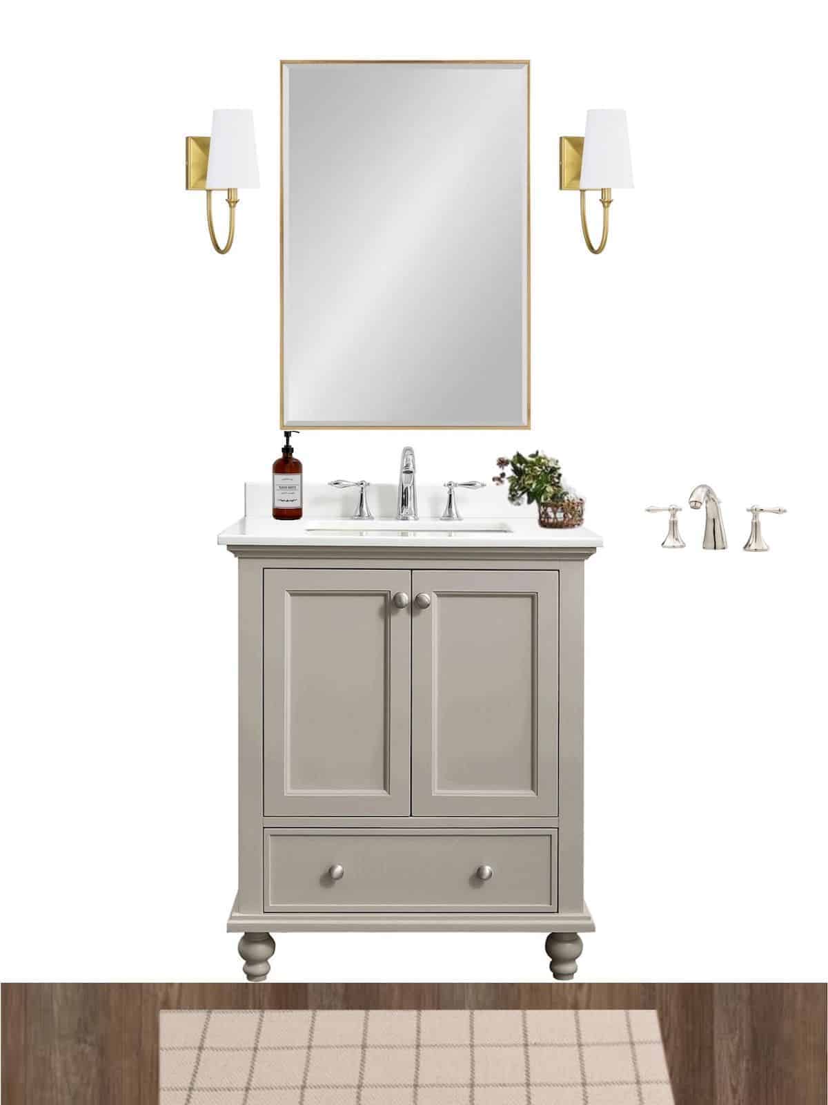 bathroom mood board with vanity mirror and sconces