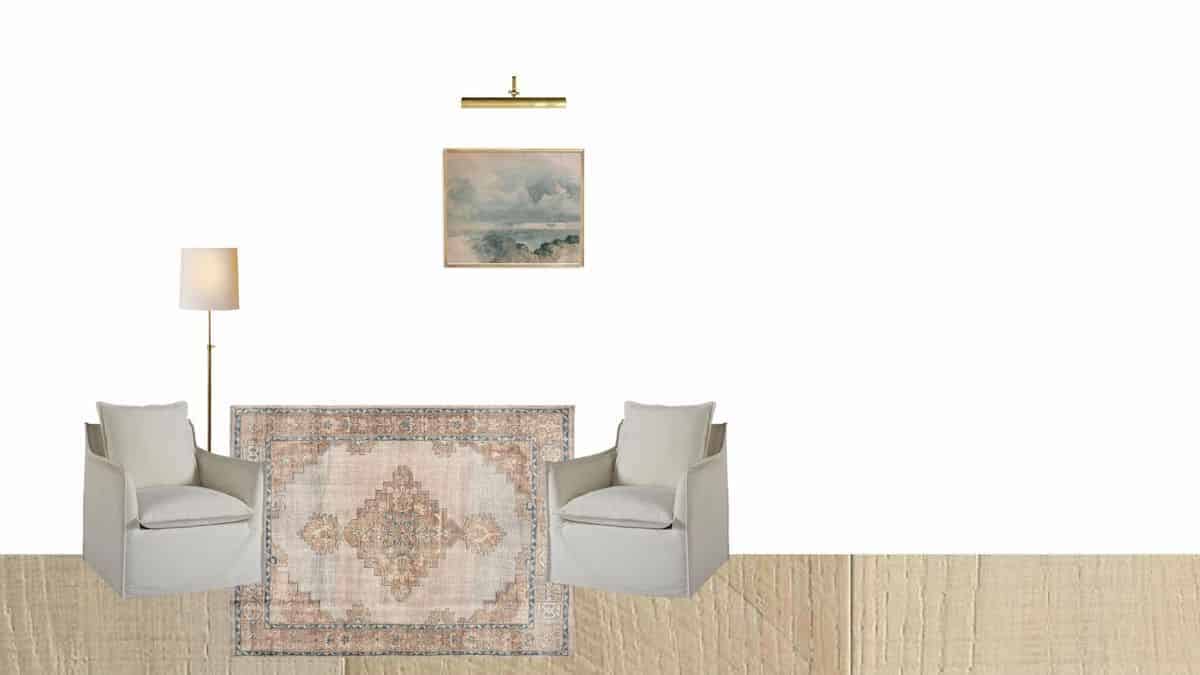 mood board with rugs chairs lamp and art