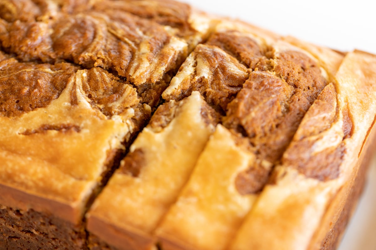 Sliced pumpkin cheesecake bread.