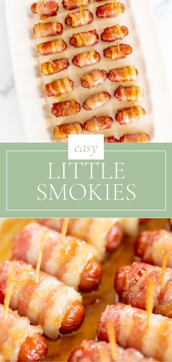 bacon wrapped little smokies on a platter, overlay text, close up of bacon wrapped little smokies