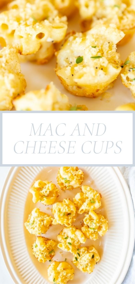 Mac and cheese cups on an oval white platter.