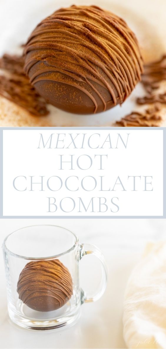 A close up shot of a Mexican Hot Chocolate Bomb andA clear mug with a spicy hot chocolate bomb inside, cinnamon stick and white linen napkin to the side.