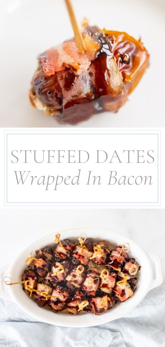 a picture of a stuffed date wrapped in bacon and a second picture of a bowl of stuffed dates