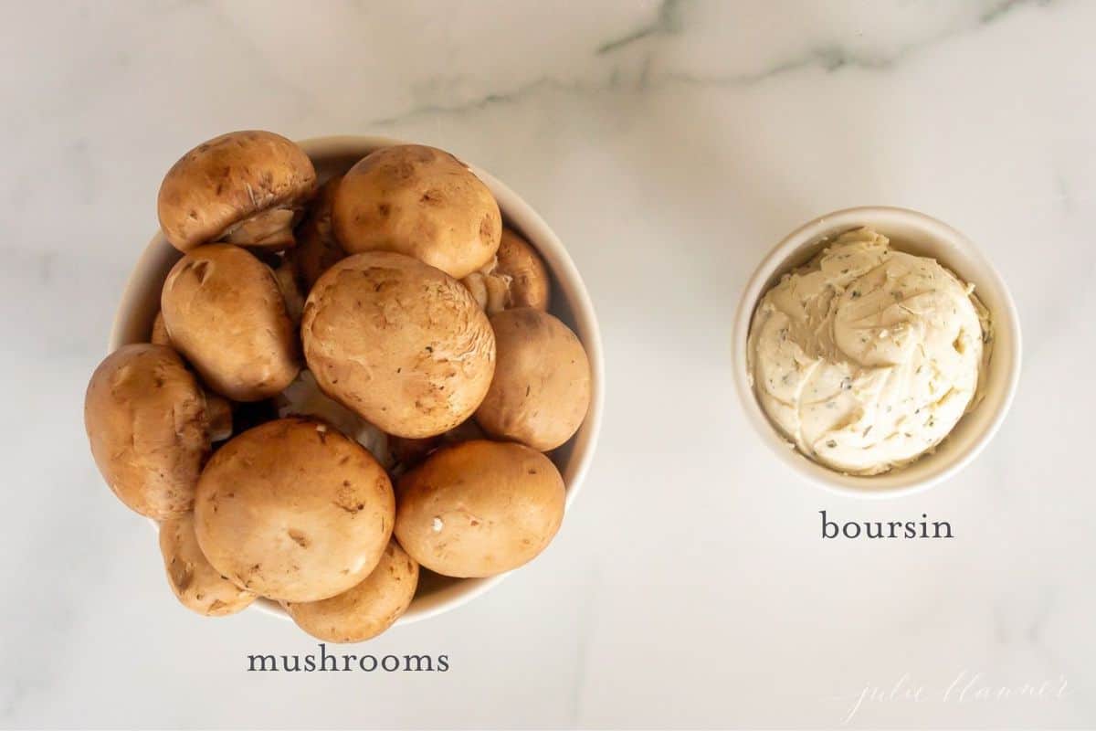 boursin stuffed mushroom ingredients with text overlay