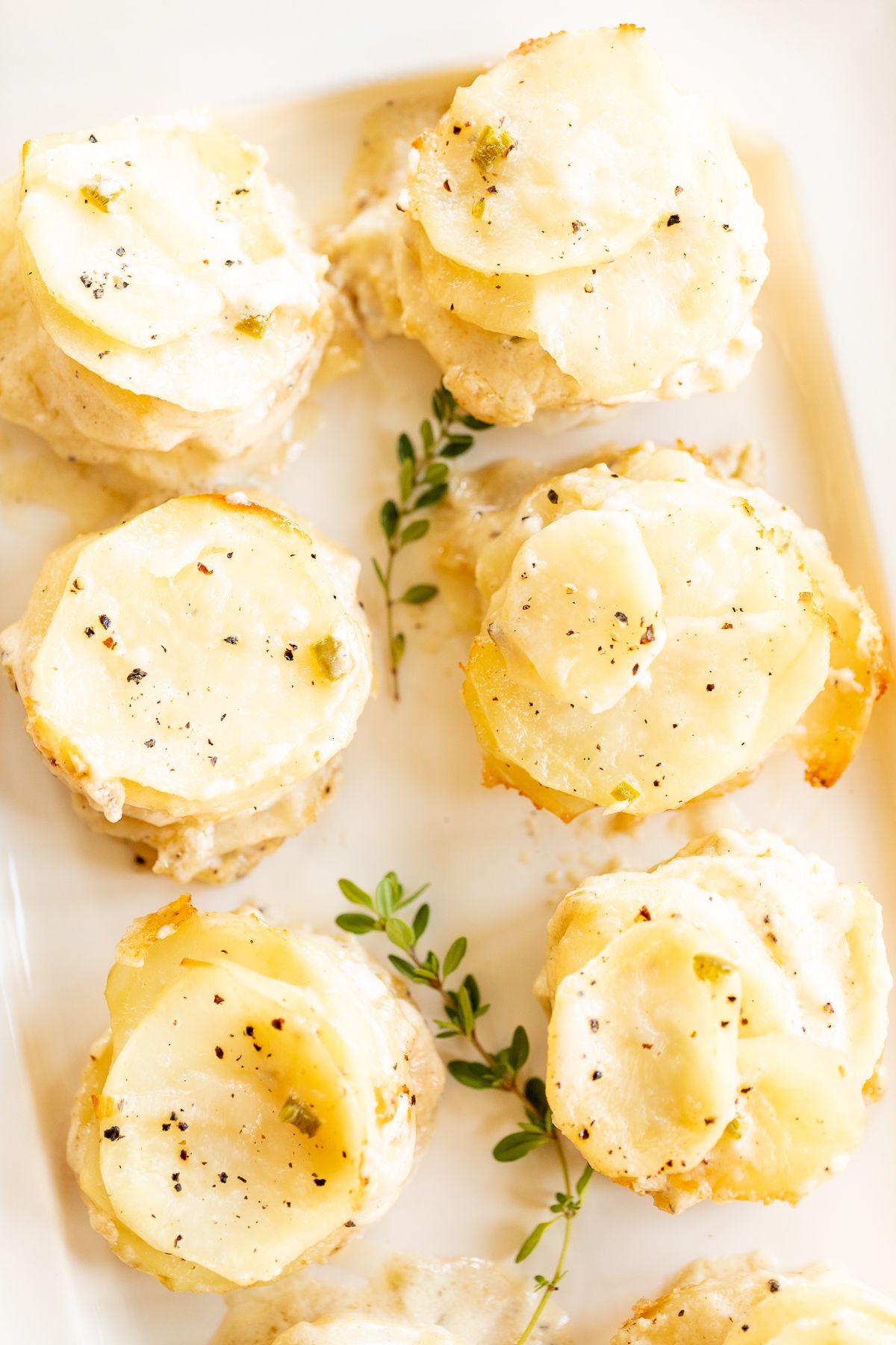 A white platter featuring potato gratin stacks, garnished with fresh thyme. 