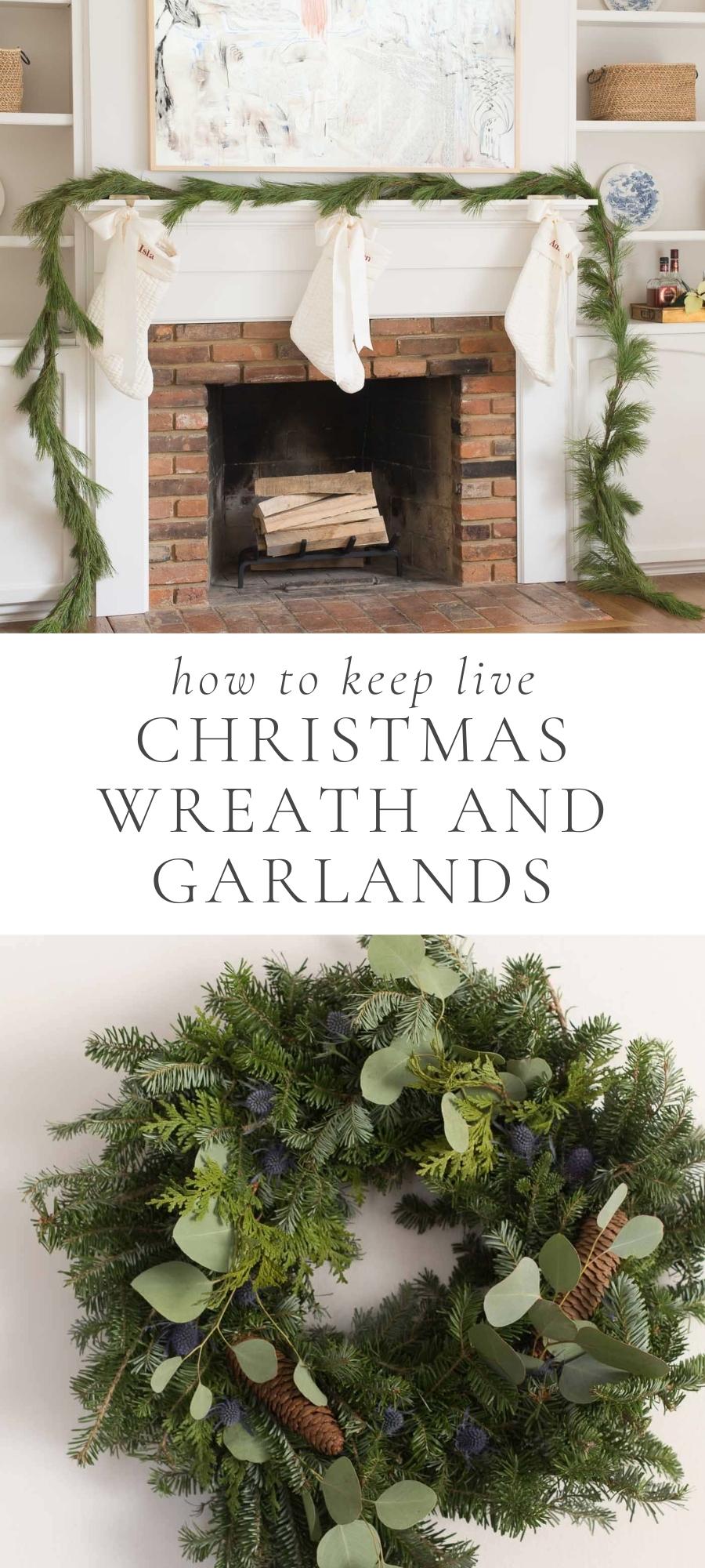 living room with christmas wreath and garlands