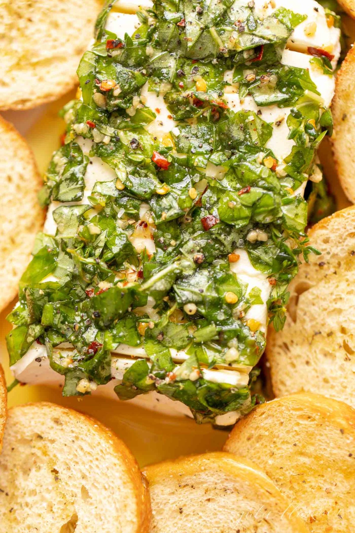 A plate with a block of marinated cream cheese surrounded by crackers.