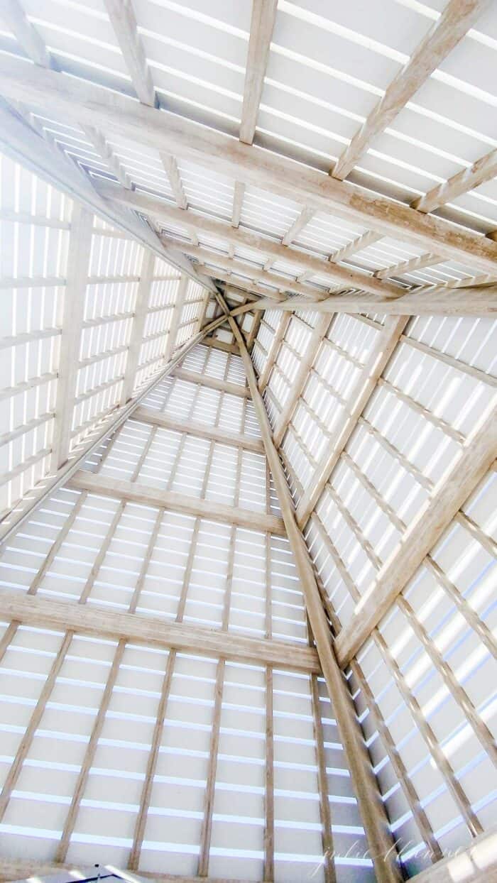 Looking up into the peaked roof of a beach pavilion in Seaside Florida