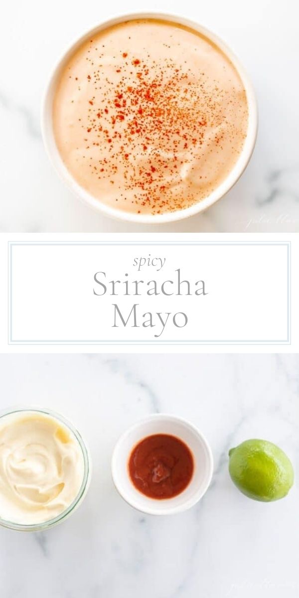 Top photo is a round ramekin continuing an orange-ish dip. The middle has wording that says "spicy Sriracha mayo} and the ingredients are displayed underneath the wording. Ingredients are a lime, a bowl of mayo, a bowl of Sriracha.