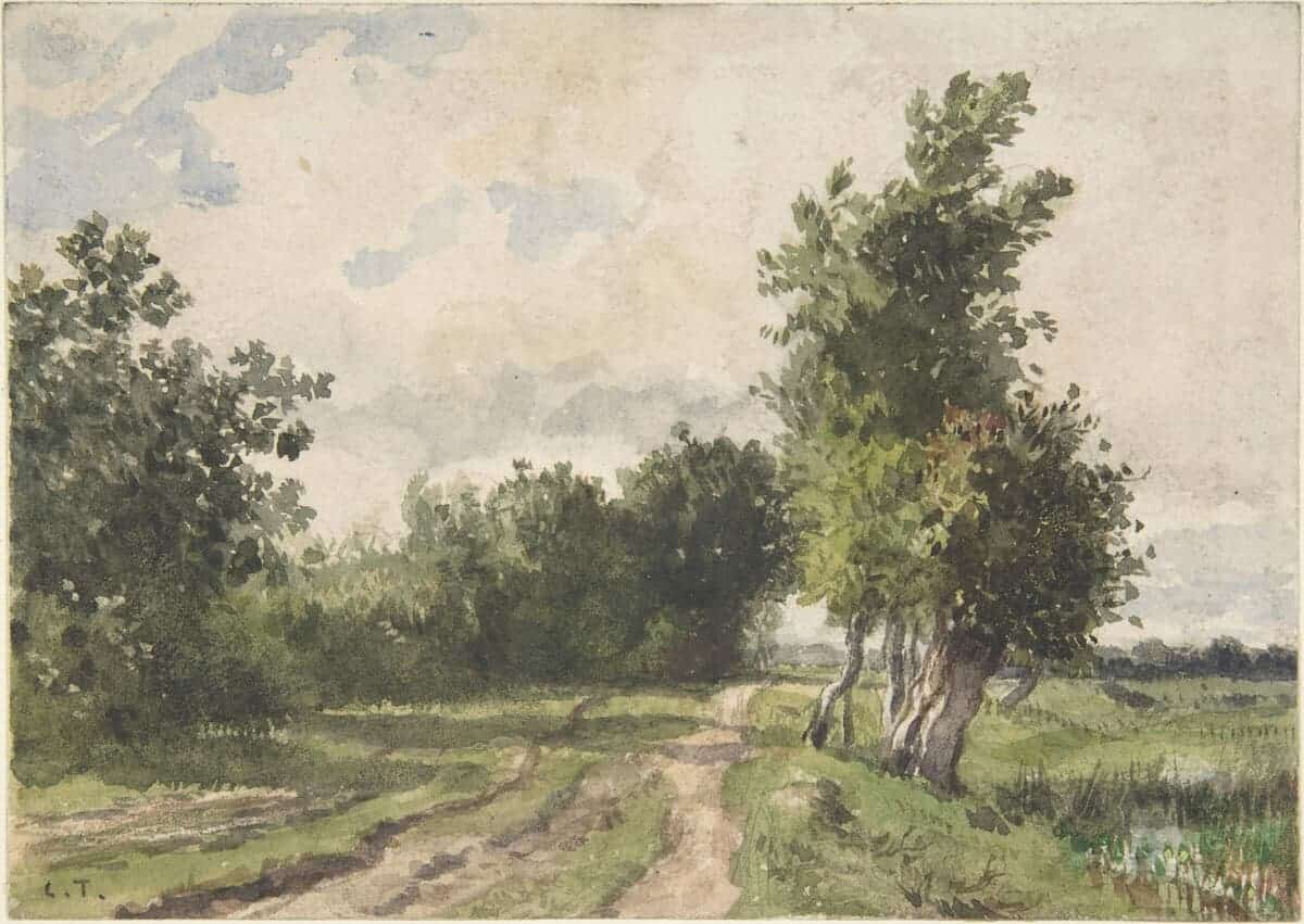 watercolor of path by trees and grasses