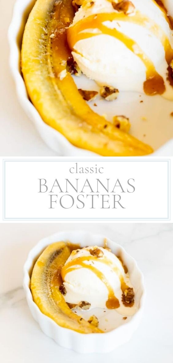 On a marble counter top, there is a white baking dish containing bananas foster.