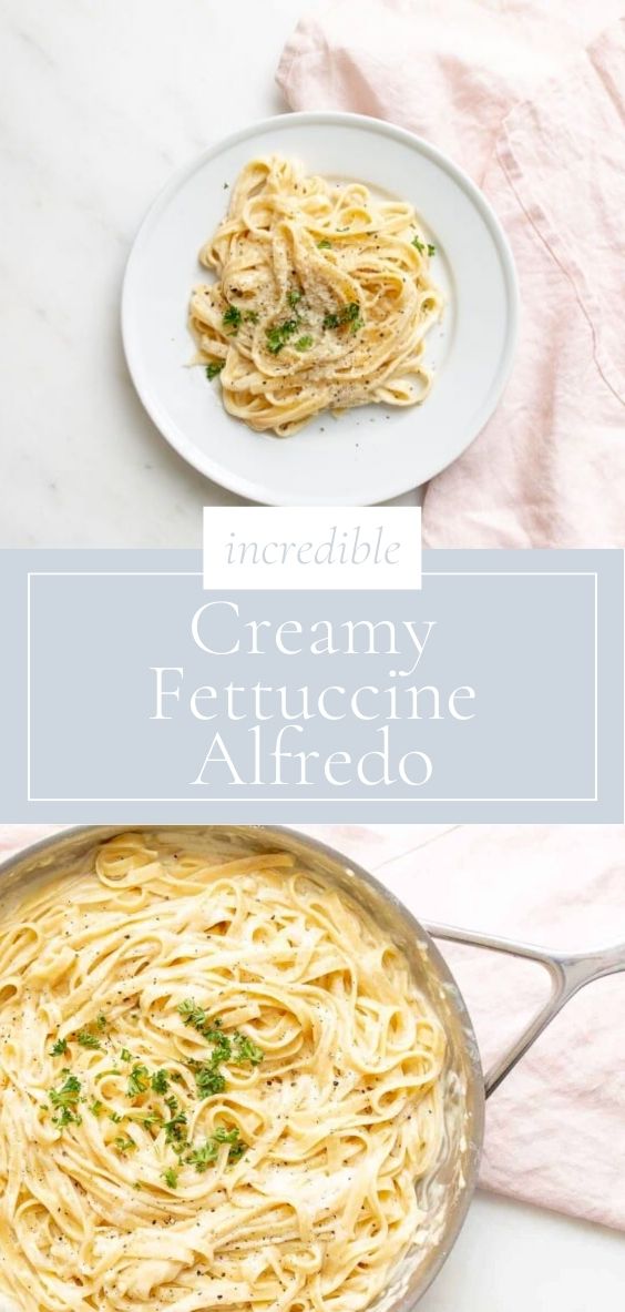 creamy fettuccine alfredo is pictured on a marble counter top next to a pink napkin and in a sautee pan.