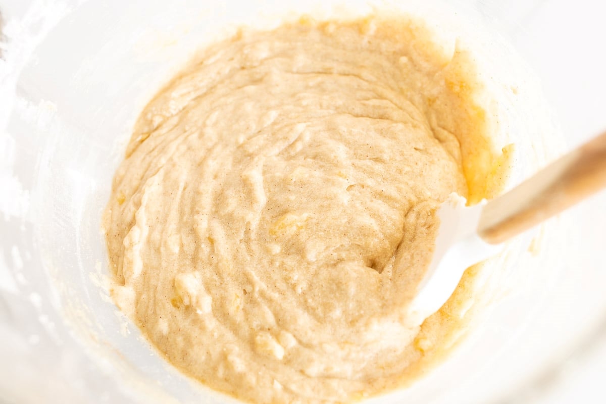 Batter for Banana bread with no baking soda or baking powder in a mixing bowl.