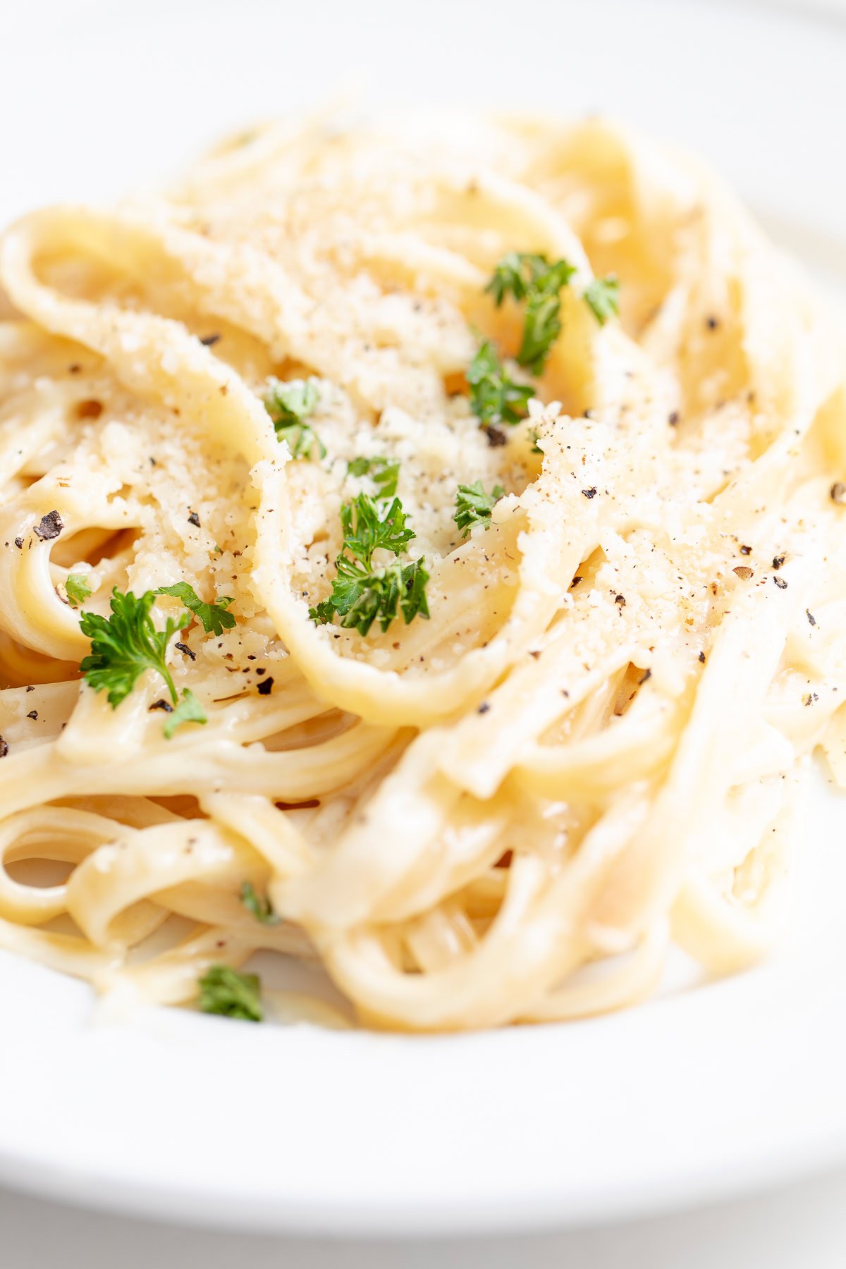 A plate of creamy fettuccine Alfredo, featuring a signature Alfredo sauce recipe, garnished with grated cheese, black pepper, and fresh parsley.