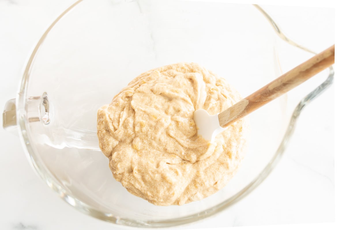 Batter for Banana bread with no baking soda or baking powder in a mixing bowl.