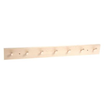 A wooden peg rail on a white background.