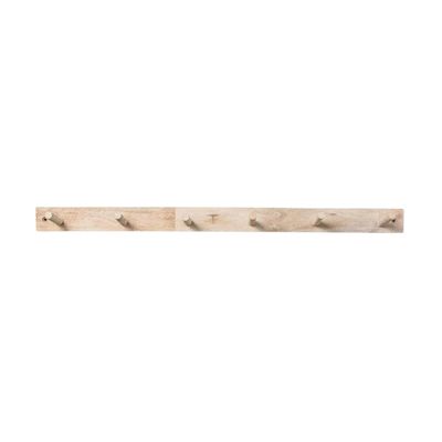 A wooden peg rail on a white background.