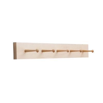 A wooden peg rail on a white background.