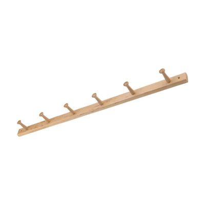 A wooden peg rail on a white background.