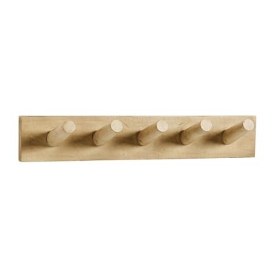 A wooden peg rail on a white background.